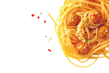 Spaghetti and meatball dish image on white background suitable for culinary posters or menu templates