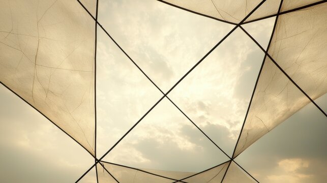 A geometric pattern of intersecting lines and angles against a cloudy sky.