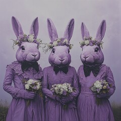 Unique celebration with three rabbits dressed in purple gowns holding flowers in a misty field