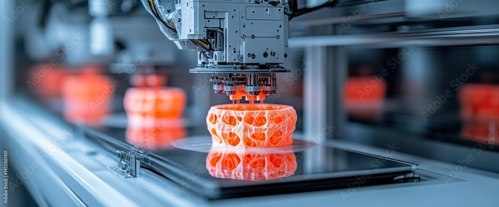 Poster 3d printing machine in action. complex, orange 3d-printed object being formed