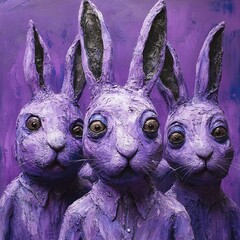 Colorful purple rabbit sculptures stand together in an artistic display showcasing unique creativity and craftsmanship