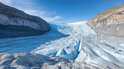 Majestic glacier carved by nature.  Vast expanse of ice, crevasses, and rocky terrain under a clear sky