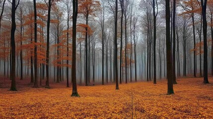 Fototapeta premium Autumnal forest scene in a misty, dense woodland, with fallen orange leaves covering the ground