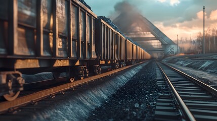 Obraz premium Dark industrial train cars on railway tracks.