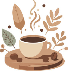 Flat Vector Illustration of Hot Coffee Cup with Steam and Autumn Leaves on Wooden Surface – Cozy Seasonal Fall Beverage Design