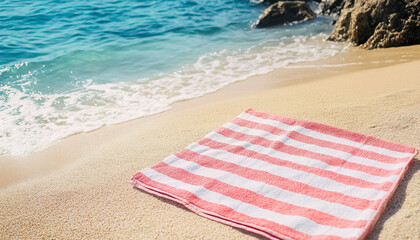 Pink striped towel on beach sand near sea
