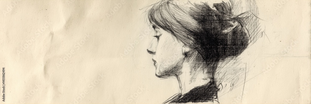 Poster Elegant Pencil Sketch Capturing a Womans Profile With Delicate Lines on Textured Paper Illustrating Her Serene Expression Generative AI
