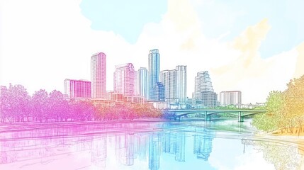 Fototapeta premium Vibrant Austin Skyline Sketch: Colorful Cityscape Reflection