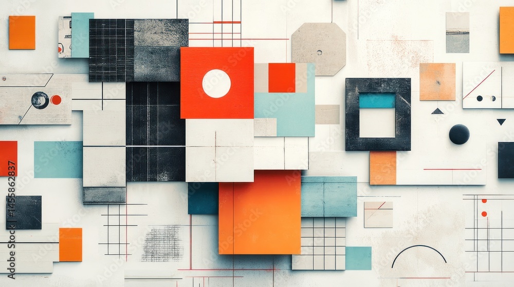 Poster abstract geometric shapes in various colors and textures, arranged in a dynamic composition