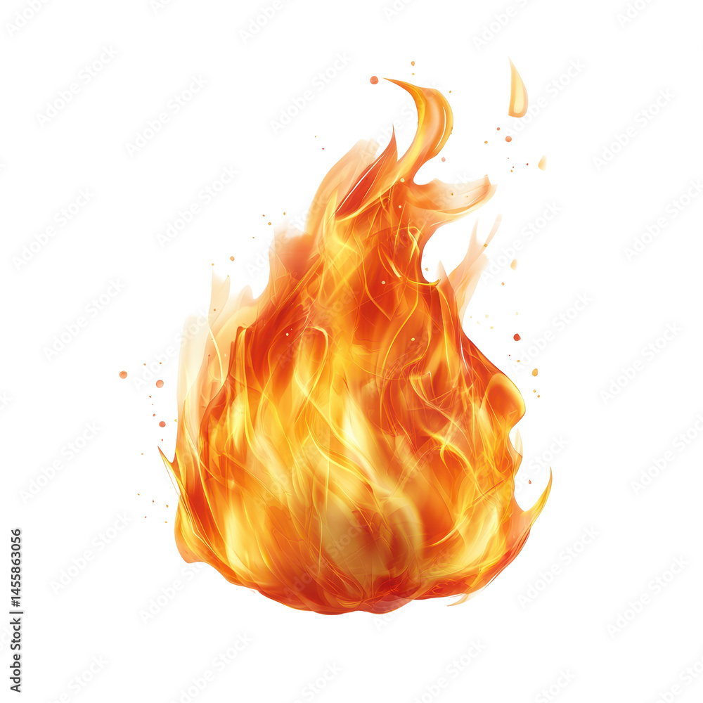 Poster bright orange flame with swirling edges against a white background displaying dynamic movement and e