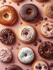 Delicious assortment of colorful donuts arranged on a soft pink background, perfect for a sweet treat any time of day