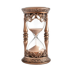 Elegant bronze hourglass with intricate design and fine sand visible, representing the passage of time in a timeless manner