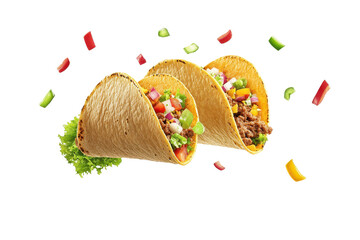 Mexican tacos flying and falling isolated on white background perfect for festive food or party graphics