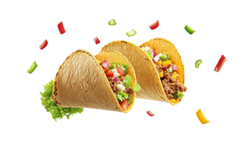 Mexican tacos flying and falling isolated on white background perfect for festive food or party graphics