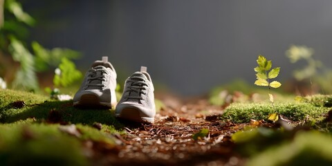 Pair of sneakers on forest path surrounded by sunlit greenery and moss