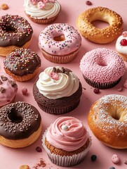 Delicious assortment of colorful doughnuts and cupcakes displayed on a pink background