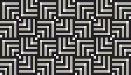 Seamless abstract pattern of L-shaped stripes in white and gray on dark background, forming modern geometric tiles