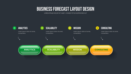 Modern Forecast 4 Step Diagram Slide Layout. Investor Analysis Presentation Design Vector Illustration. Sales Insight Four Option Infographic Frame Template.