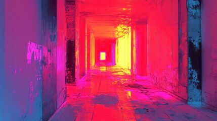 Long, colorful corridor in a decaying building, vibrant hues of pink, purple, and yellow,  highlighting the aged walls and floor