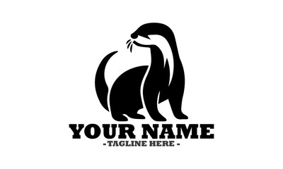 Vector vintage illustration of otter in engraving style. Sketch of animal isolated on black and logo otter art