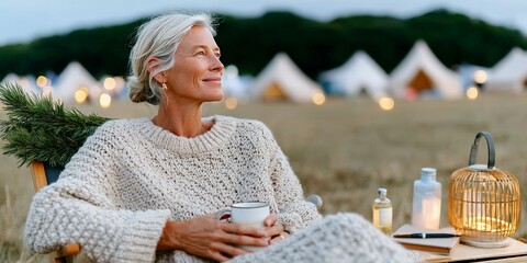 Mature caucasian woman relaxing outdoors in sweater near cozy campground at dusk
