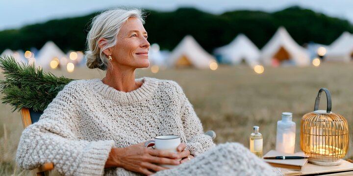 Mature caucasian woman relaxing outdoors in sweater near cozy campground at dusk