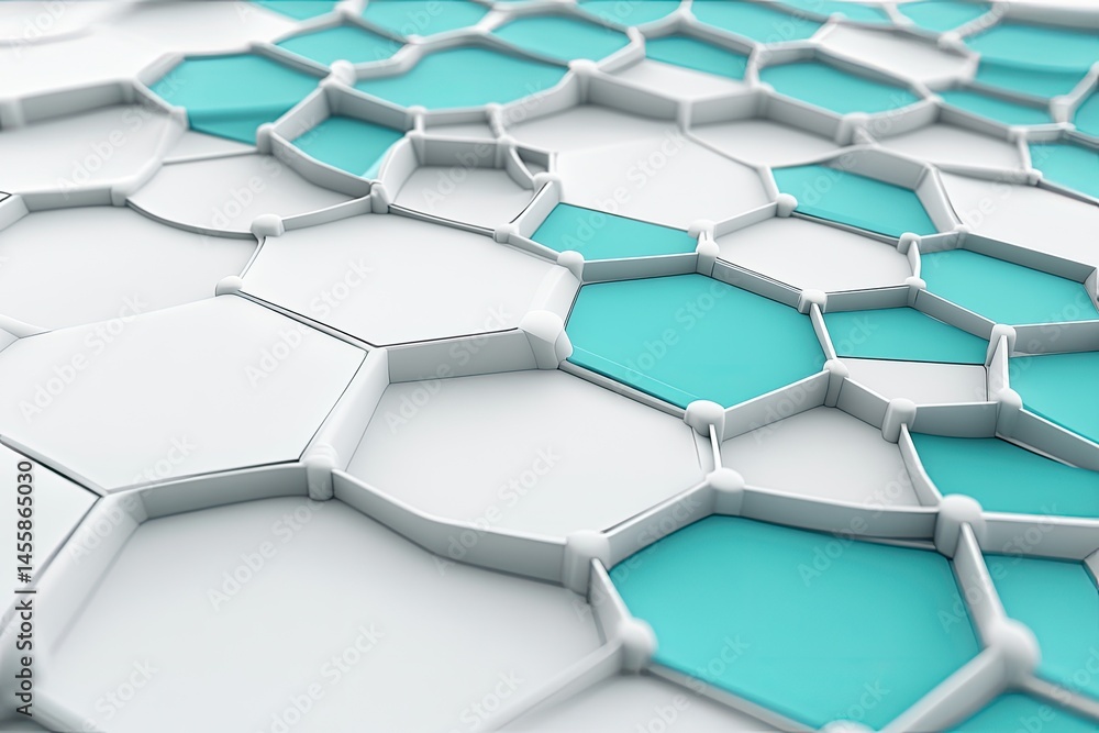 Poster abstract geometric pattern of interlocking hexagonal shapes in light teal and white. interconnected,