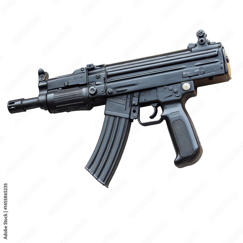 Poster black submachine gun displayed on a neutral background showcasing its sleek design and detailed comp