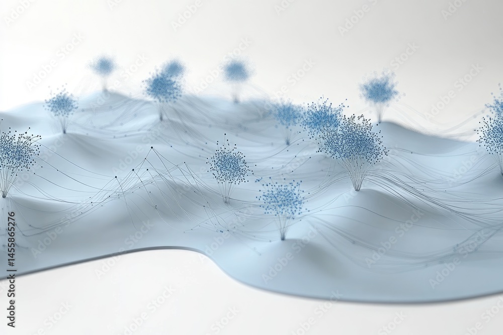 Poster abstract landscape with interconnected nodes, resembling a network or data flow, on a light blue sur
