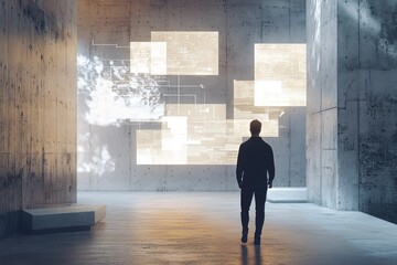 Fototapeta premium Man in a modern concrete interior, interacting with digital business plan illustrations on the walls, concept of strategic thinking