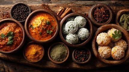 Traditional Indian dishes with curry, rice balls and assorted spices served in wooden bowls perfect for Republic Day and Independence Day of India celebrations and ethnic food promotions