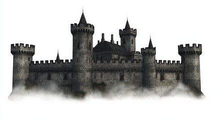 Fototapeta premium Majestic Medieval Castle Surrounded by Mysterious Foggy Landscape