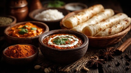 Indian chapati bread with curry and yogurt dip surrounded by spices ideal for Republic Day and Independence Day of India menu design, food features and cultural celebration content