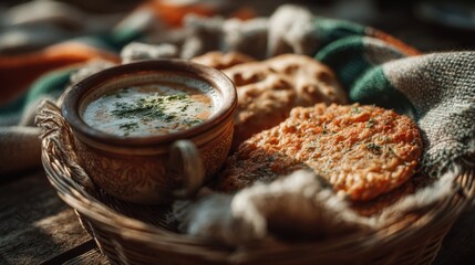 Traditional Indian breakfast with creamy curry and fried breads in a wicker basket on tricolor blanket ideal for Independence Day and Republic Day food styling, patriotic visuals and blog content