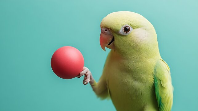 Playful parrot holding a red ball against a teal background