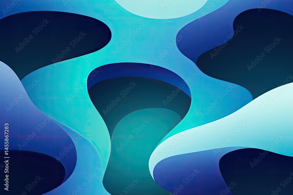 Poster abstract design with layered, fluid forms in shades of blue and teal, creating depth and texture. in