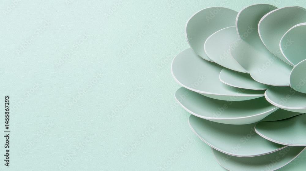 Poster a cluster of light blue, petal-like shapes arranged in a circular pattern against a light green back