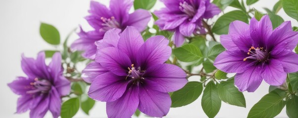 Close-up, vivid purple flowers against pure white background  Green leaves accentuate blossoms ,  botanical,  flora
