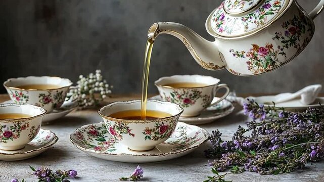 Elegant tea time scene with floral china, lavender and a teapot pouring tea gracefully
