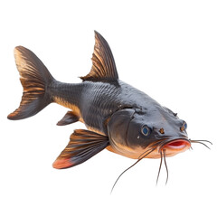 Fototapeta premium Catfish swimming in a clear pond on a sunny day near a lush green bank with vibrant plants