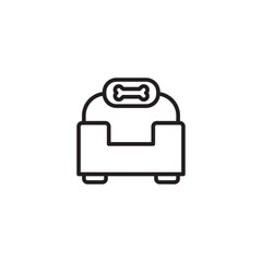 A simple line art icon of a pet bed with a bone detail on the back.