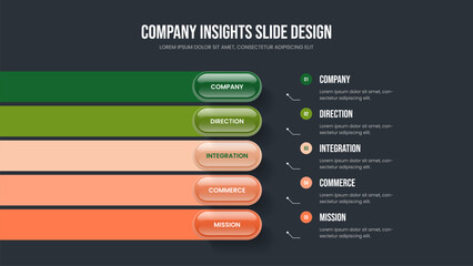 Company Strategy Slide Template Vector Illustration. Advertising Overview Five Element Diagram Frame Design. Market Development 5 Option Infographic Slideshow Layout.
