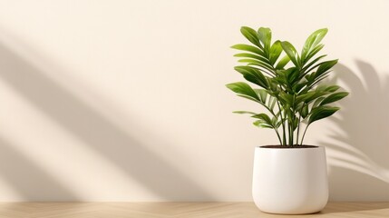 Fototapeta premium Minimalist, light beige room with a potted plant casting shadows