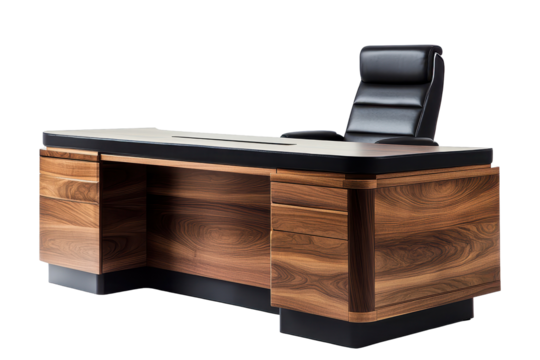 Elegant wooden office desk with black leather chair great for office decor or productivity visuals