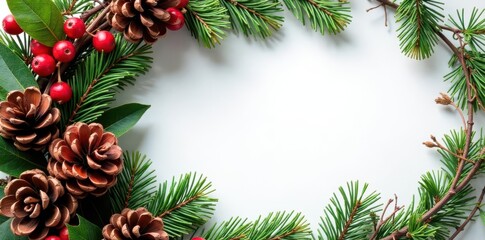 Rustic pinecone & holly berry wreath, natural textures, winter, image