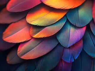 Vibrant plumage of layered feathers in hues of orange, red, blue, and purple