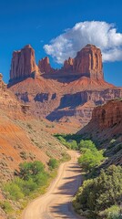 Fototapeta premium Scenic dirt road winding through a canyon with reddish rock formations under a vibrant blue sky