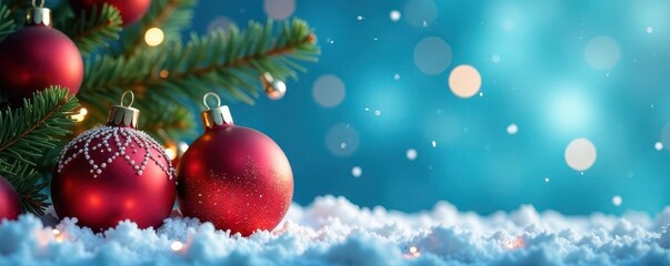 Obraz premium Sparkling Christmas baubles & ornaments against vibrant blue sky , holiday, festive