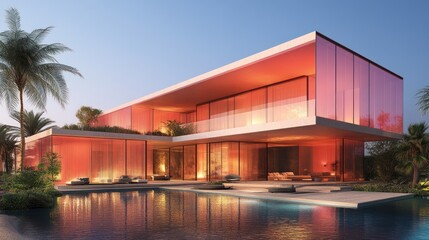 Fototapeta premium Modern, luxurious home with a pool, featuring tinted glass and sunset hues