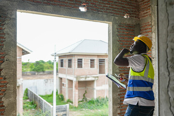 Two engineers reviewing construction blueprints on site during a residential project inspection. Discussing structure and project planning in a building under construction.